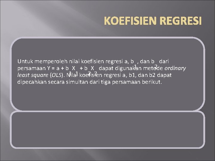 KOEFISIEN REGRESI Untuk memperoleh nilai koefisien regresi a, b , dan b dari 1