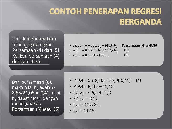 CONTOH PENERAPAN REGRESI BERGANDA Untuk mendapatkan nilai b 2, gabungkan Persamaan (4) dan (5).