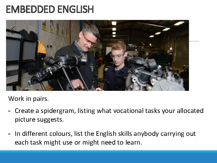 EMBEDDED ENGLISH Work in pairs. - Create a spidergram, listing what vocational tasks your