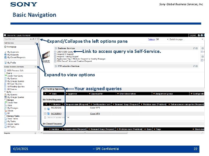 Sony Global Business Services, Inc. Basic Navigation Expand/Collapse the left options pane Link to