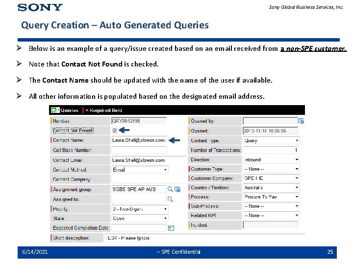 Sony Global Business Services, Inc. Query Creation – Auto Generated Queries Ø Below is