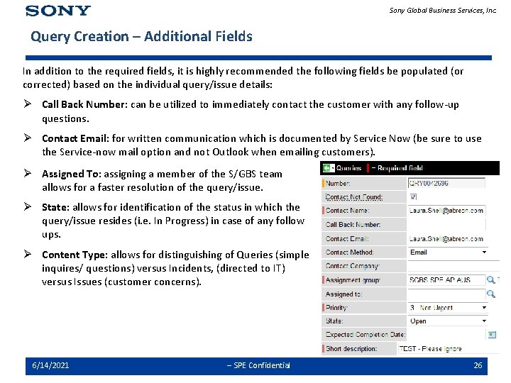 Sony Global Business Services, Inc. Query Creation – Additional Fields In addition to the