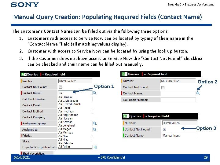 Sony Global Business Services, Inc. Manual Query Creation: Populating Required Fields (Contact Name) The