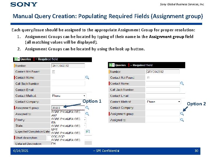 Sony Global Business Services, Inc. Manual Query Creation: Populating Required Fields (Assignment group) Each