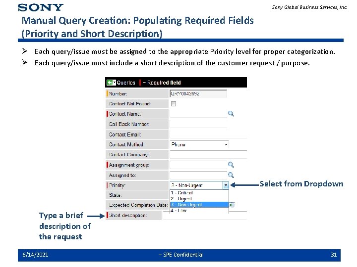 Sony Global Business Services, Inc. Manual Query Creation: Populating Required Fields (Priority and Short