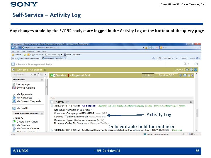 Sony Global Business Services, Inc. Self-Service – Activity Log Any changes made by the