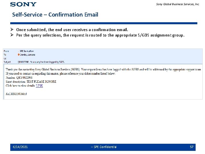 Sony Global Business Services, Inc. Self-Service – Confirmation Email Ø Once submitted, the end