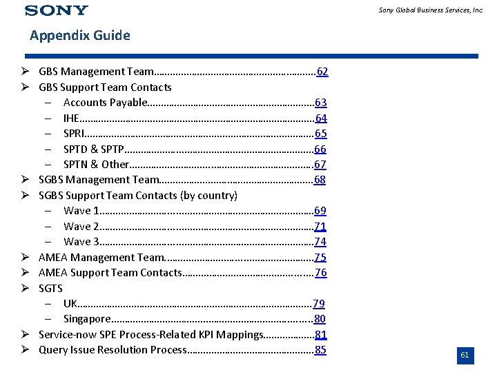 Sony Global Business Services, Inc. Appendix Guide Ø GBS Management Team……………………. . 62 Ø