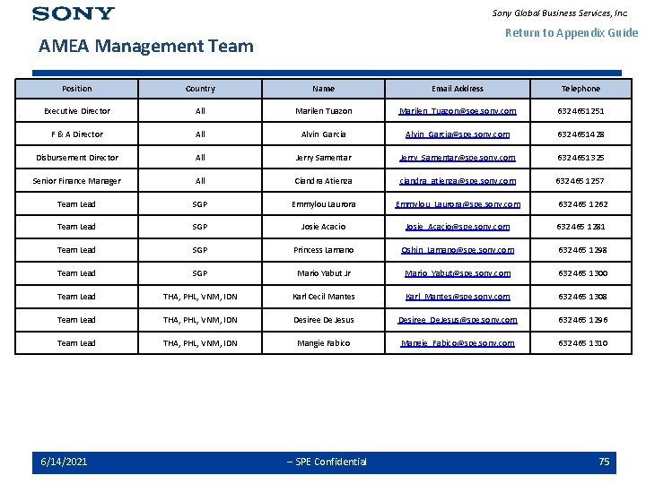 Sony Global Business Services, Inc. Return to Appendix Guide AMEA Management Team Position Country