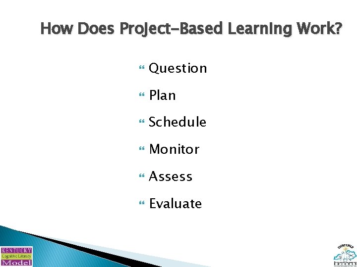 How Does Project-Based Learning Work? Question Plan Schedule Monitor Assess Evaluate 