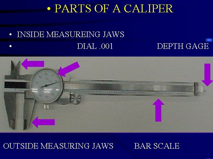  • PARTS OF A CALIPER • INSIDE MEASUREING JAWS • DIAL. 001 OUTSIDE