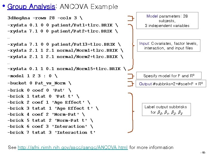  • Group Analysis: ANCOVA Example 3 d. Reg. Ana -rows 28 -cols 3