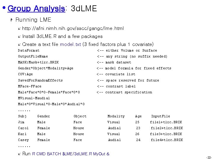  • Group Analysis: 3 d. LME H Running LME å http: //afni. nimh.