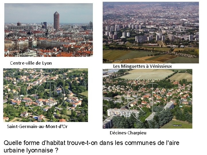 Centre-ville de Lyon Les Minguettes à Vénissieux Saint-Germain-au-Mont-d'Or Décines-Charpieu Quelle forme d’habitat trouve-t-on dans Centre-ville de Lyon Les Minguettes à Vénissieux Saint-Germain-au-Mont-d'Or Décines-Charpieu Quelle forme d’habitat trouve-t-on dans