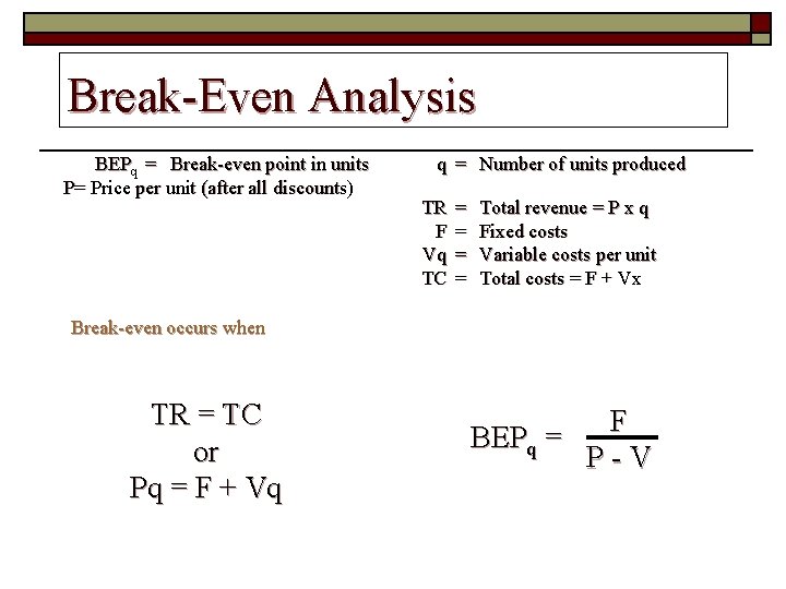 Break-Even Analysis BEPq = Break-even point in units P= Price per unit (after all