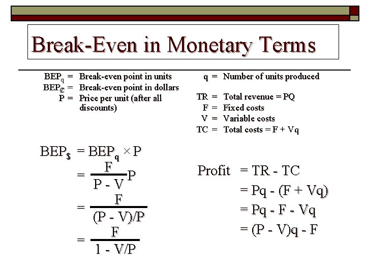 Break-Even in Monetary Terms BEPq BEPȻ P = = = Break-even point in units