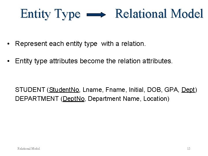Entity Type Relational Model • Represent each entity type with a relation. • Entity Entity Type Relational Model • Represent each entity type with a relation. • Entity