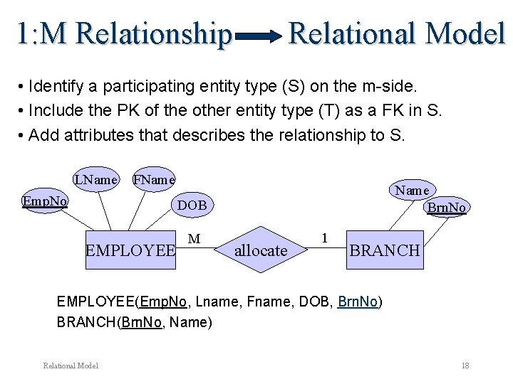 1: M Relationship Relational Model • Identify a participating entity type (S) on the 1: M Relationship Relational Model • Identify a participating entity type (S) on the