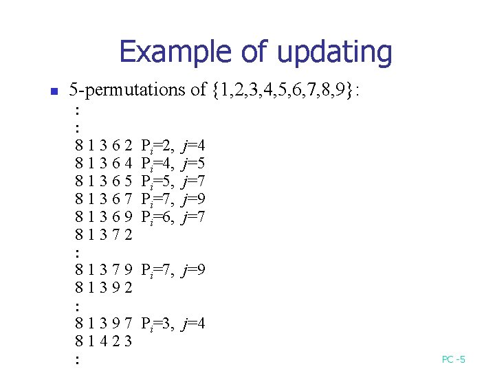 Example of updating n 5 -permutations of {1, 2, 3, 4, 5, 6, 7,