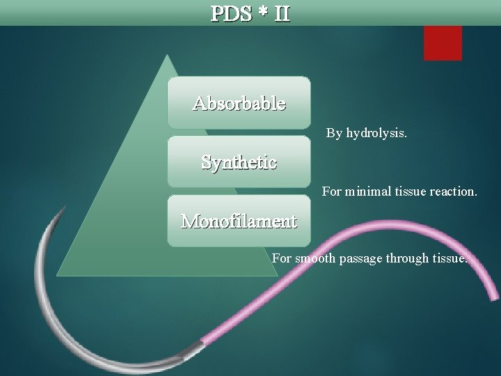 PDS * II Absorbable By hydrolysis. Synthetic For minimal tissue reaction. Monofilament For smooth
