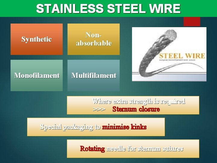 STAINLESS STEEL WIRE Synthetic Nonabsorbable Monofilament Multifilament Where extra strength is required >>> Sternum