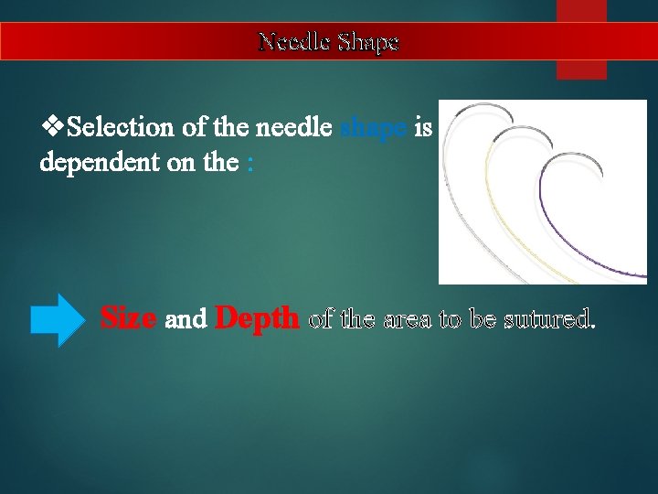 Needle Shape v. Selection of the needle shape is dependent on the : Size