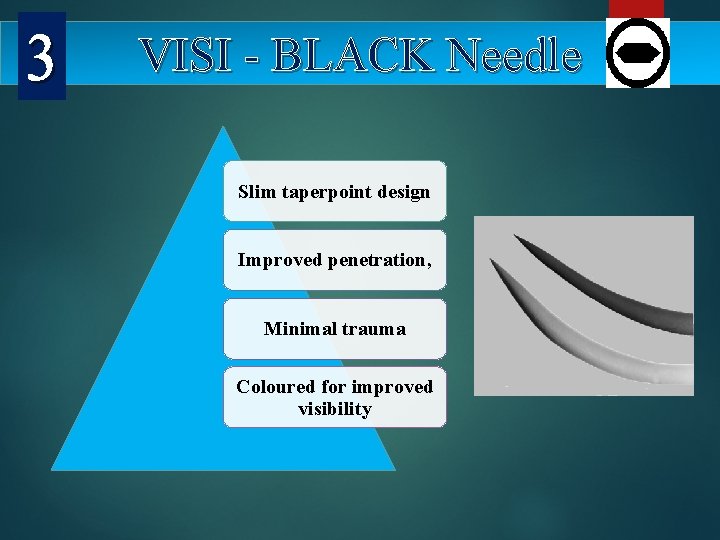 3 VISI - BLACK Needle Slim taperpoint design Improved penetration, Minimal trauma Coloured for