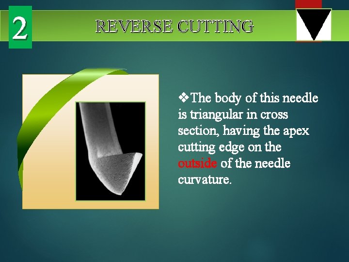 2 REVERSE CUTTING v. The body of this needle is triangular in cross section,