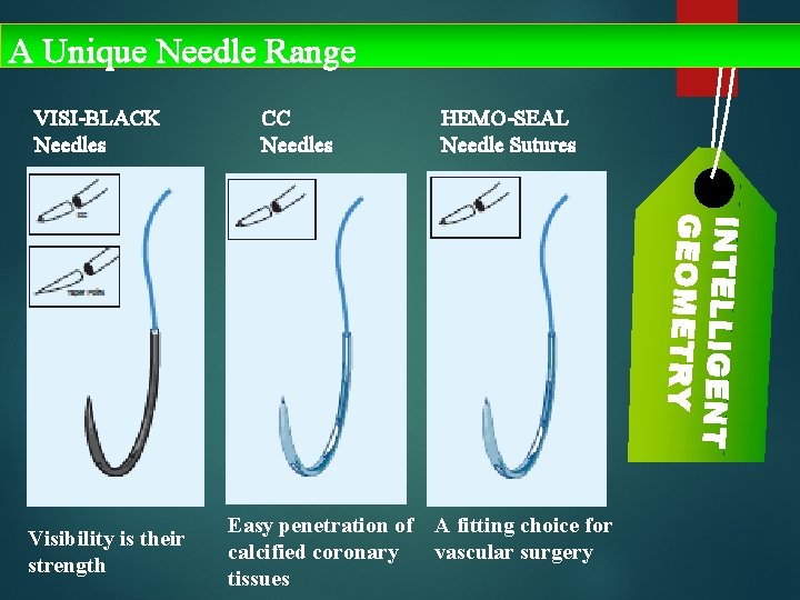 A Unique Needle Range VISI-BLACK Needles CC Needles HEMO-SEAL Needle Sutures INTELLIGENT GEOMETRY Visibility