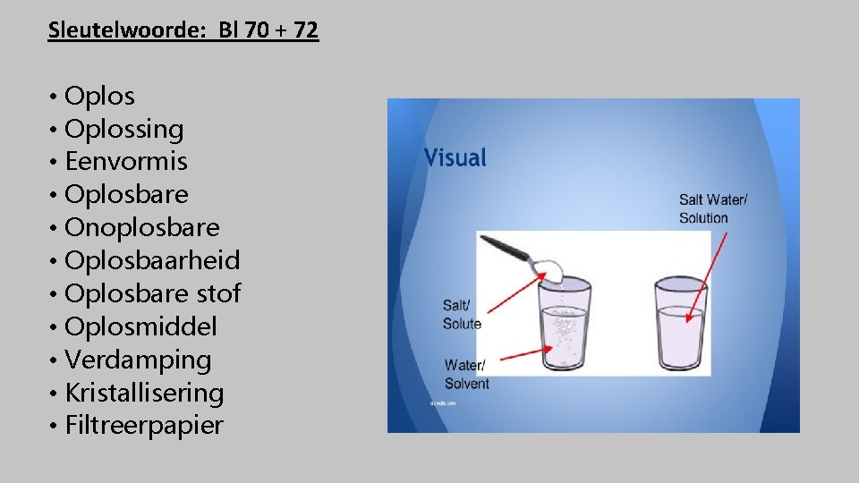 Sleutelwoorde: Bl 70 + 72 • Oplossing • Eenvormis • Oplosbare • Onoplosbare •