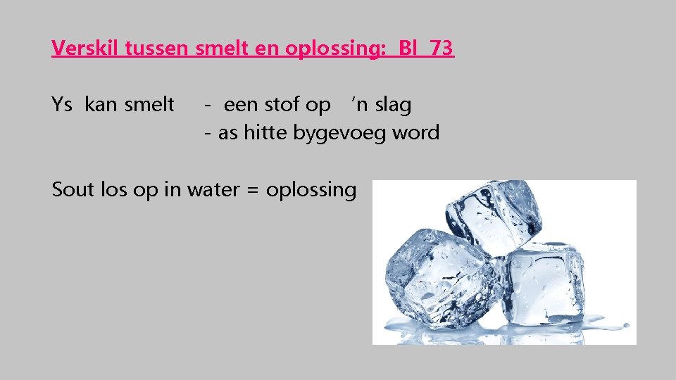 Verskil tussen smelt en oplossing: Bl 73 Ys kan smelt - een stof op