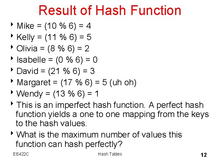 Result of Hash Function 8 Mike = (10 % 6) = 4 8 Kelly