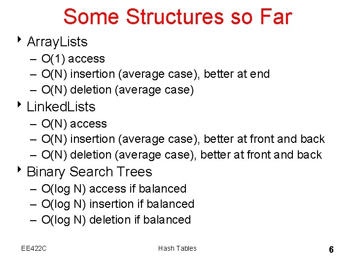 Some Structures so Far 8 Array. Lists – O(1) access – O(N) insertion (average