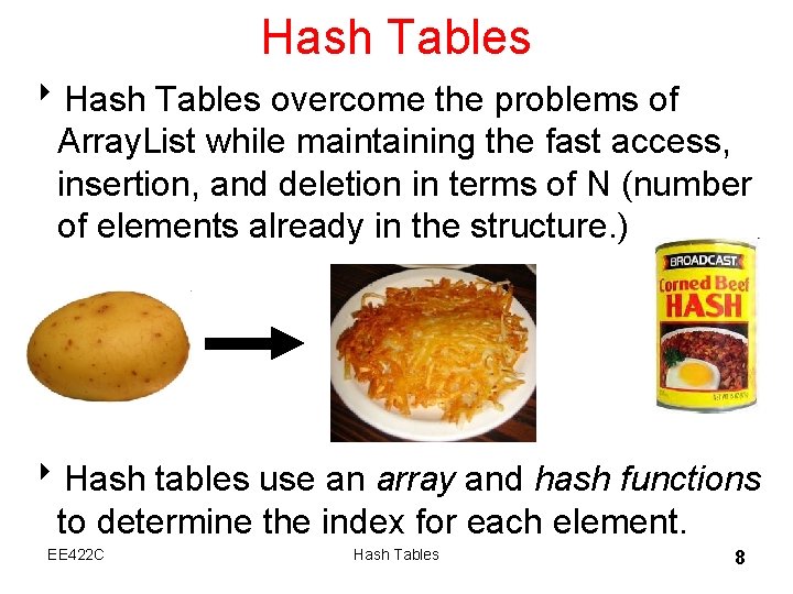 Hash Tables 8 Hash Tables overcome the problems of Array. List while maintaining the