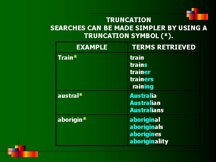 TRUNCATION SEARCHES CAN BE MADE SIMPLER BY USING A TRUNCATION SYMBOL (*). EXAMPLE TERMS