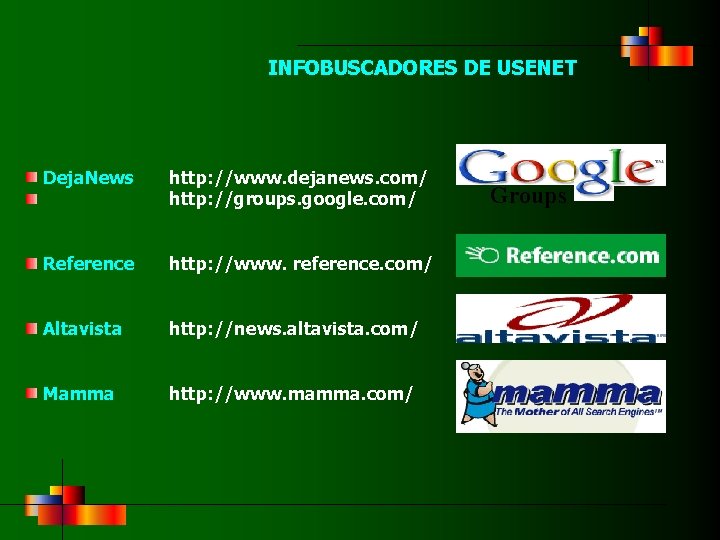 INFOBUSCADORES DE USENET Deja. News http: //www. dejanews. com/ http: //groups. google. com/ Reference