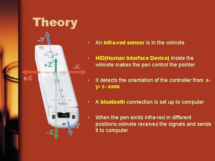 Theory • An infra-red sensor is in the wiimote • HID(Human Interface Device) inside