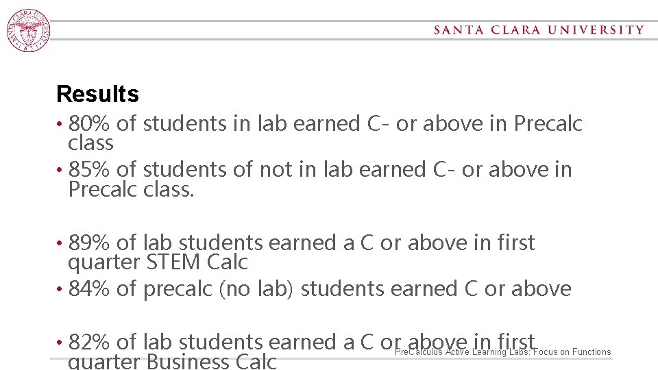 Results • 80% of students in lab earned C- or above in Precalc class