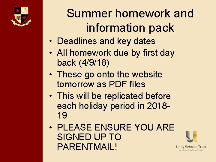 Bishop David Brown School Summer homework and information pack • Deadlines and key dates