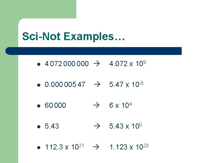 Sci-Not Examples… l 4 072 000 4. 072 x 109 l 0. 000 005