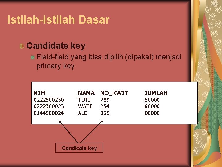 Istilah-istilah Dasar Candidate key Field-field yang bisa dipilih (dipakai) menjadi primary key NIM 0222500250