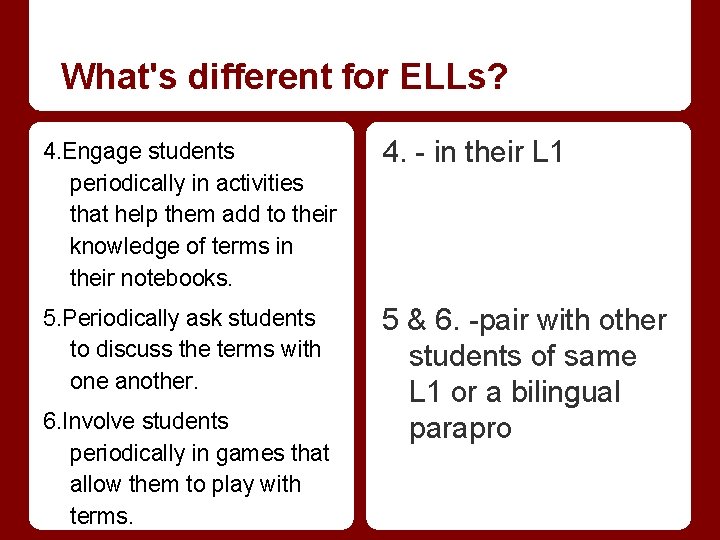 What's different for ELLs? 4. Engage students periodically in activities that help them add