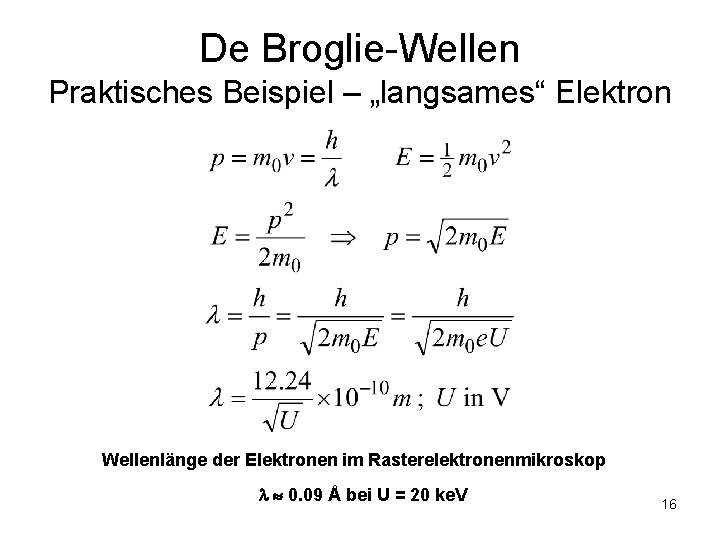 De Broglie-Wellen Praktisches Beispiel – „langsames“ Elektron Wellenlänge der Elektronen im Rasterelektronenmikroskop 0. 09