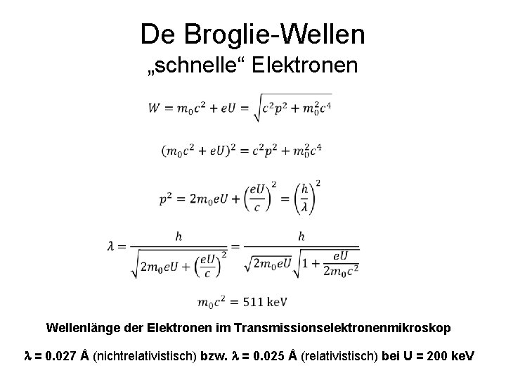 De Broglie-Wellen „schnelle“ Elektronen Wellenlänge der Elektronen im Transmissionselektronenmikroskop 17 = 0. 027 Å