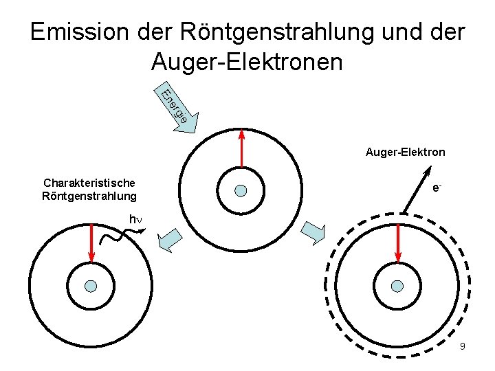 Emission der Röntgenstrahlung und der Auger-Elektronen gie er En Auger-Elektron Charakteristische Röntgenstrahlung e- h