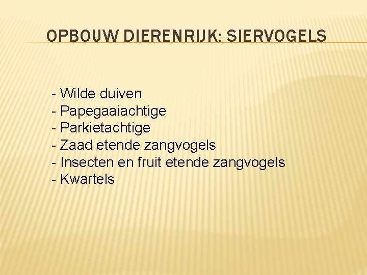 OPBOUW DIERENRIJK: SIERVOGELS - Wilde duiven - Papegaaiachtige - Parkietachtige - Zaad etende zangvogels