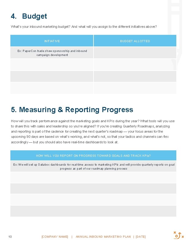 4. Budget What’s your inbound marketing budget? And what will you assign to the