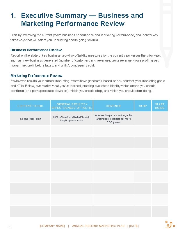 1. Executive Summary — Business and Marketing Performance Review Start by reviewing the current