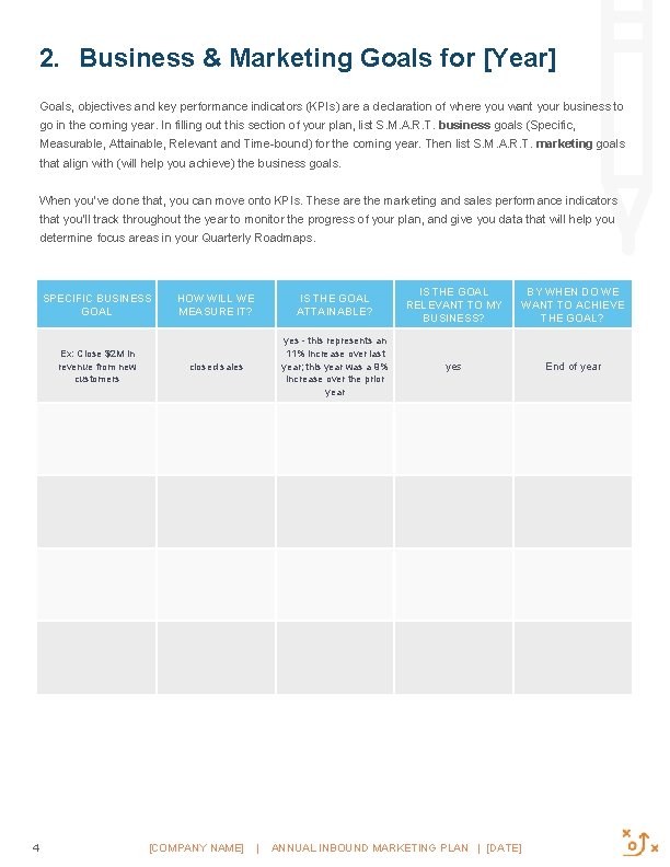 2. Business & Marketing Goals for [Year] Goals, objectives and key performance indicators (KPIs)