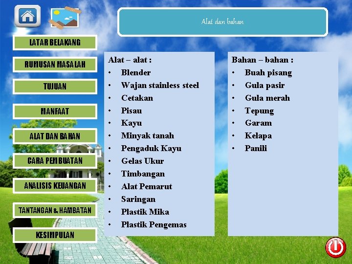 Alat dan bahan LATAR BELAKANG RUMUSAN MASALAH TUJUAN MANFAAT ALAT DAN BAHAN CARA PEMBUATAN